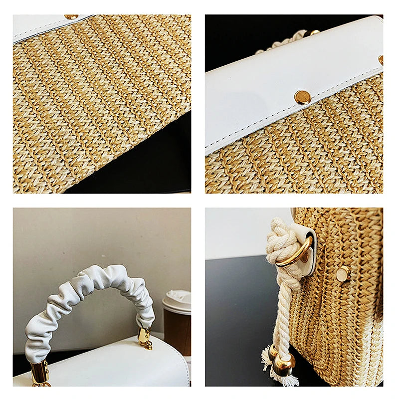 Bolsa de Palha Feminina para Verão – Bolsa de Luxo com Alça Plissada, Design Exclusivo, Contraste de Cores, Pode ser Usada a Tiracolo ou na Mão