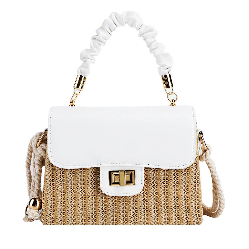Bolsa de Palha Feminina para Verão – Bolsa de Luxo com Alça Plissada, Design Exclusivo, Contraste de Cores, Pode ser Usada a Tiracolo ou na Mão