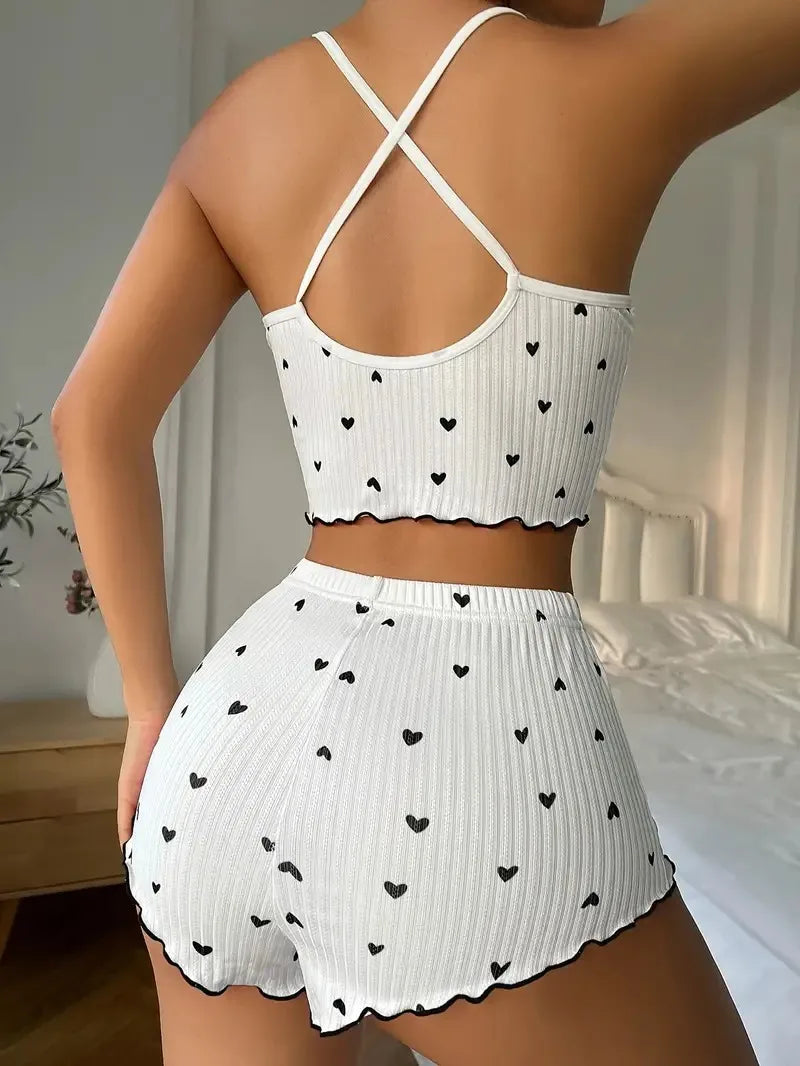 Conjunto de Pijama Feminino com Estampa de Coração Sexy, Roupa de Dormir de Cetim de Seda, Regata com Decote em V sem Mangas e Shorts, Conjunto Casual para Ficar em Casa