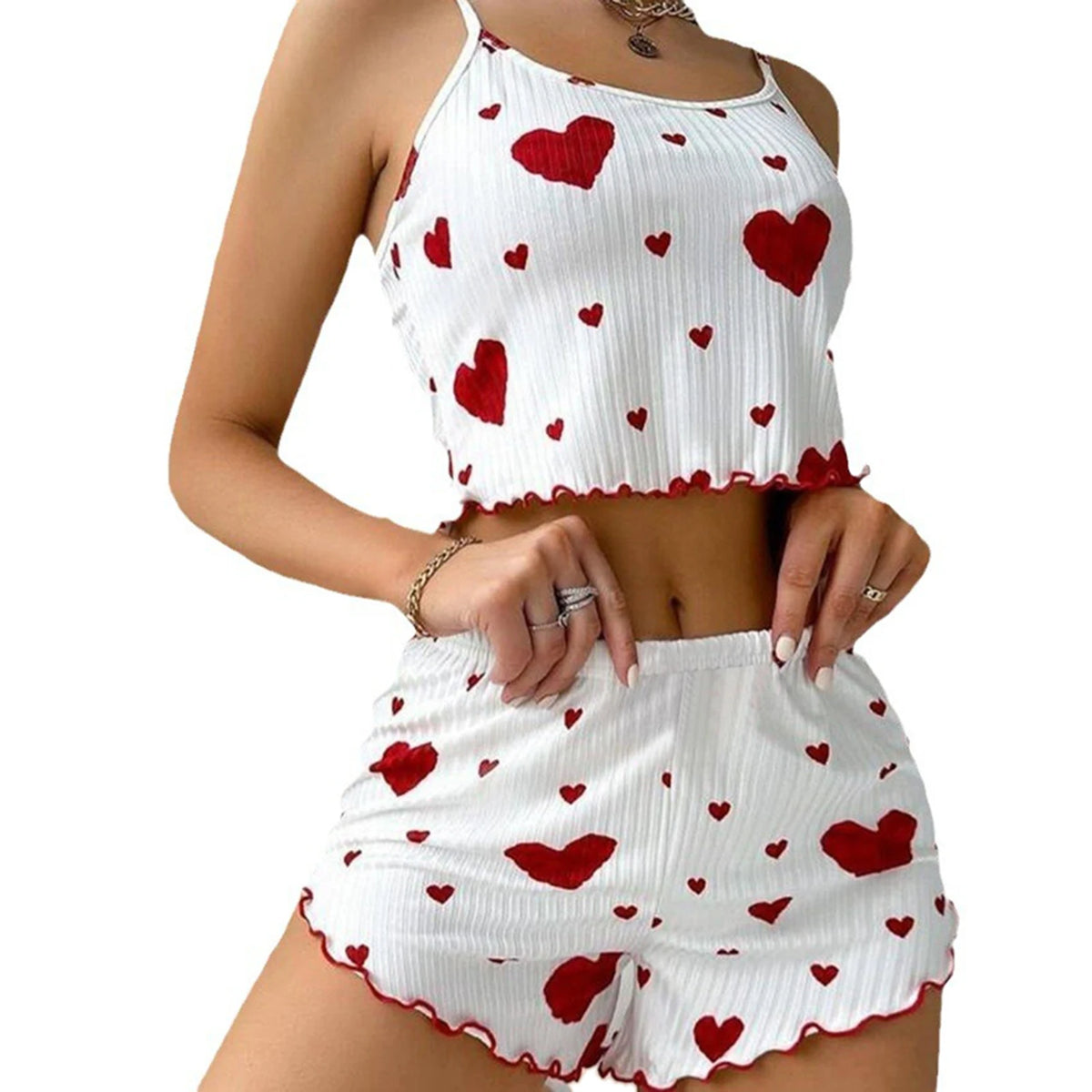 Conjunto de Pijama Feminino 2 Peças Regata Curta e Shorts P M G Branco Respirável Macio Casual Estampa de Coração