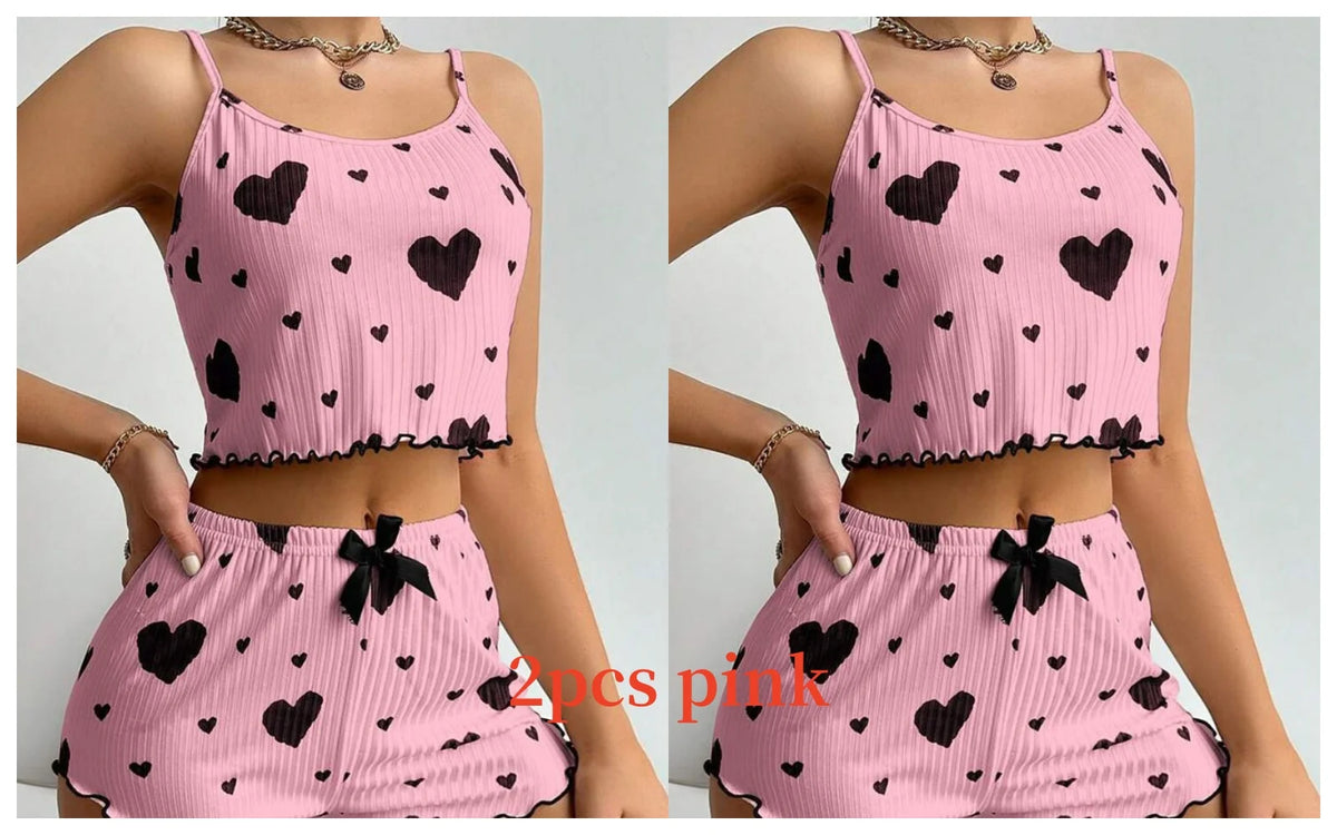 Conjunto de Pijama Feminino 2 Peças Regata Curta e Shorts P M G Branco Respirável Macio Casual Estampa de Coração