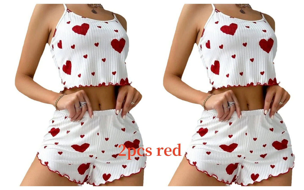 Conjunto de Pijama Feminino 2 Peças Regata Curta e Shorts P M G Branco Respirável Macio Casual Estampa de Coração