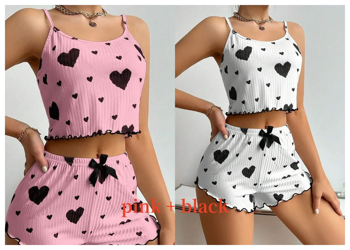 Conjunto de Pijama Feminino 2 Peças Regata Curta e Shorts P M G Branco Respirável Macio Casual Estampa de Coração