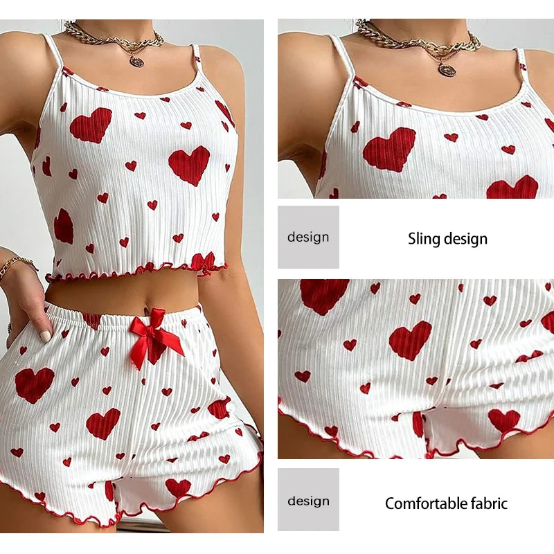 Conjunto de Pijama Feminino 2 Peças Regata Curta e Shorts P M G Branco Respirável Macio Casual Estampa de Coração