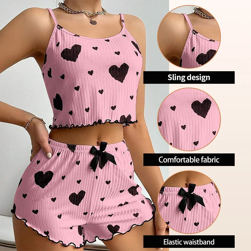 Conjunto de Pijama Feminino 2 Peças Regata Curta e Shorts P M G Branco Respirável Macio Casual Estampa de Coração