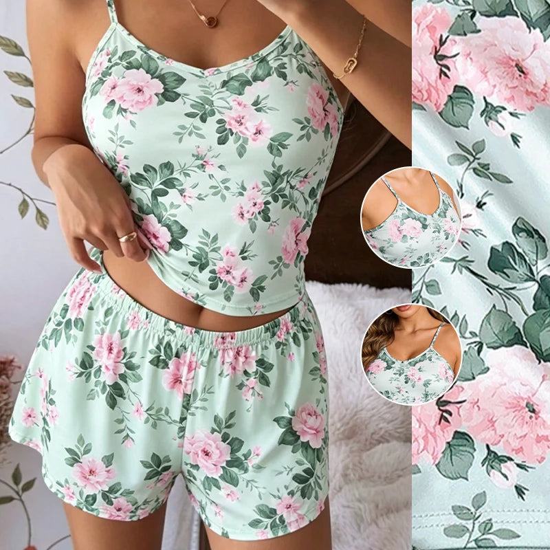 Conjunto de Pijama Feminino Estampado Floral com Alças Finas e Decote em V – Short, Respirável, Casual e Confortável para Casa (Verão)