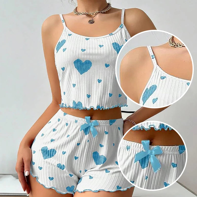 Conjunto de Pijama Feminino 2 Peças Regata Curta e Shorts P M G Branco Respirável Macio Casual Estampa de Coração