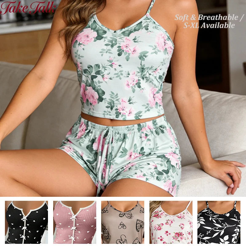 Conjunto de Pijama Feminino Estampado Floral com Alças Finas e Decote em V – Short, Respirável, Casual e Confortável para Casa (Verão)
