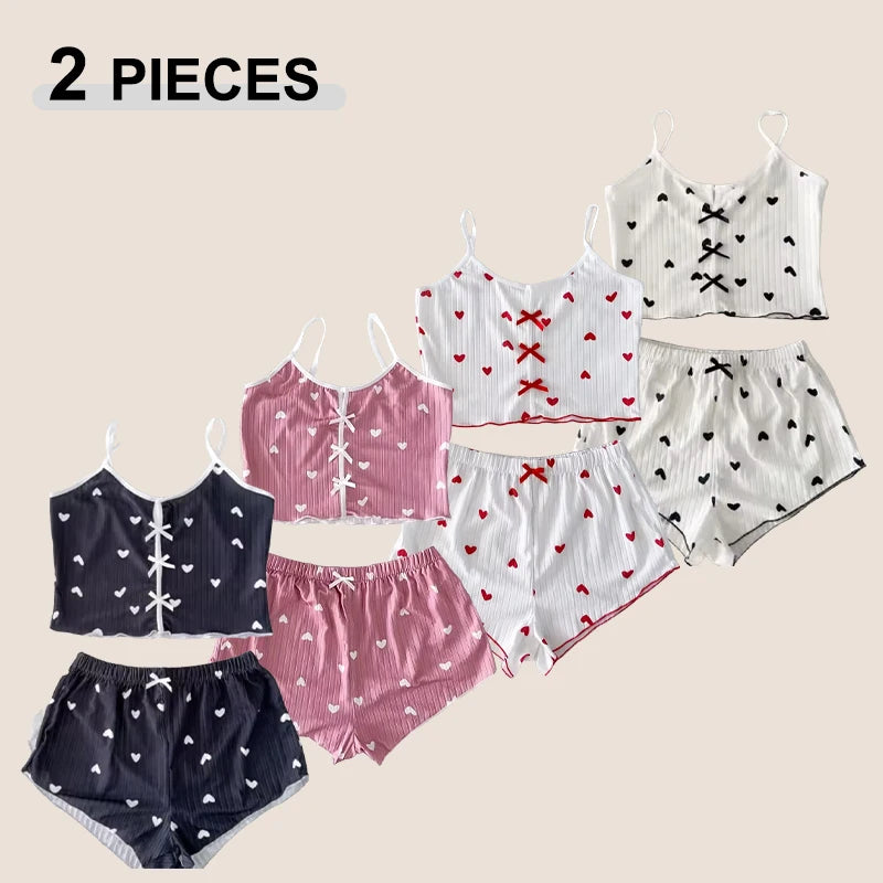 Conjunto de Pijama Feminino com Estampa de Coração em  Tecido Canelado Macio com Babados Delicados, Regata Casual e Short, Moda Casual Feminina Novo