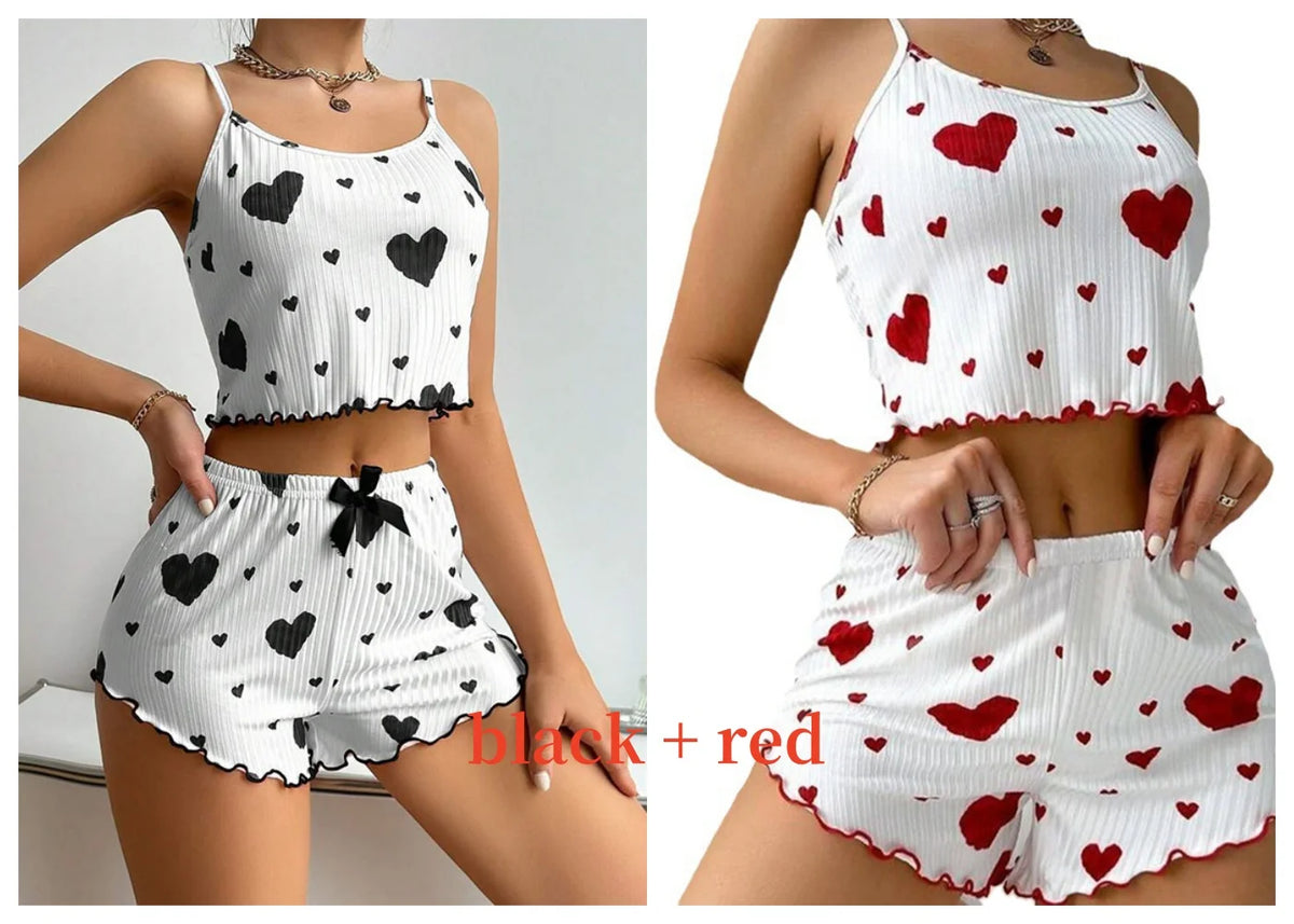 Conjunto de Pijama Feminino 2 Peças Regata Curta e Shorts P M G Branco Respirável Macio Casual Estampa de Coração