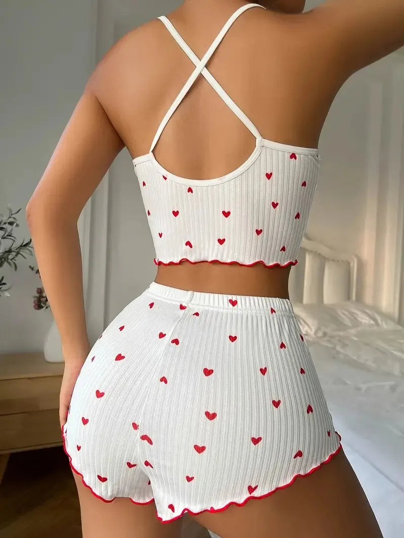 Conjunto de Pijama Feminino com Estampa de Coração Sexy, Roupa de Dormir de Cetim de Seda, Regata com Decote em V sem Mangas e Shorts, Conjunto Casual para Ficar em Casa