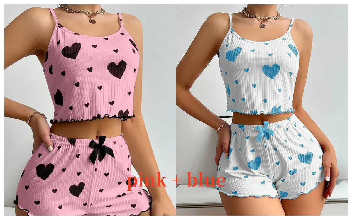 Conjunto de Pijama Feminino 2 Peças Regata Curta e Shorts P M G Branco Respirável Macio Casual Estampa de Coração