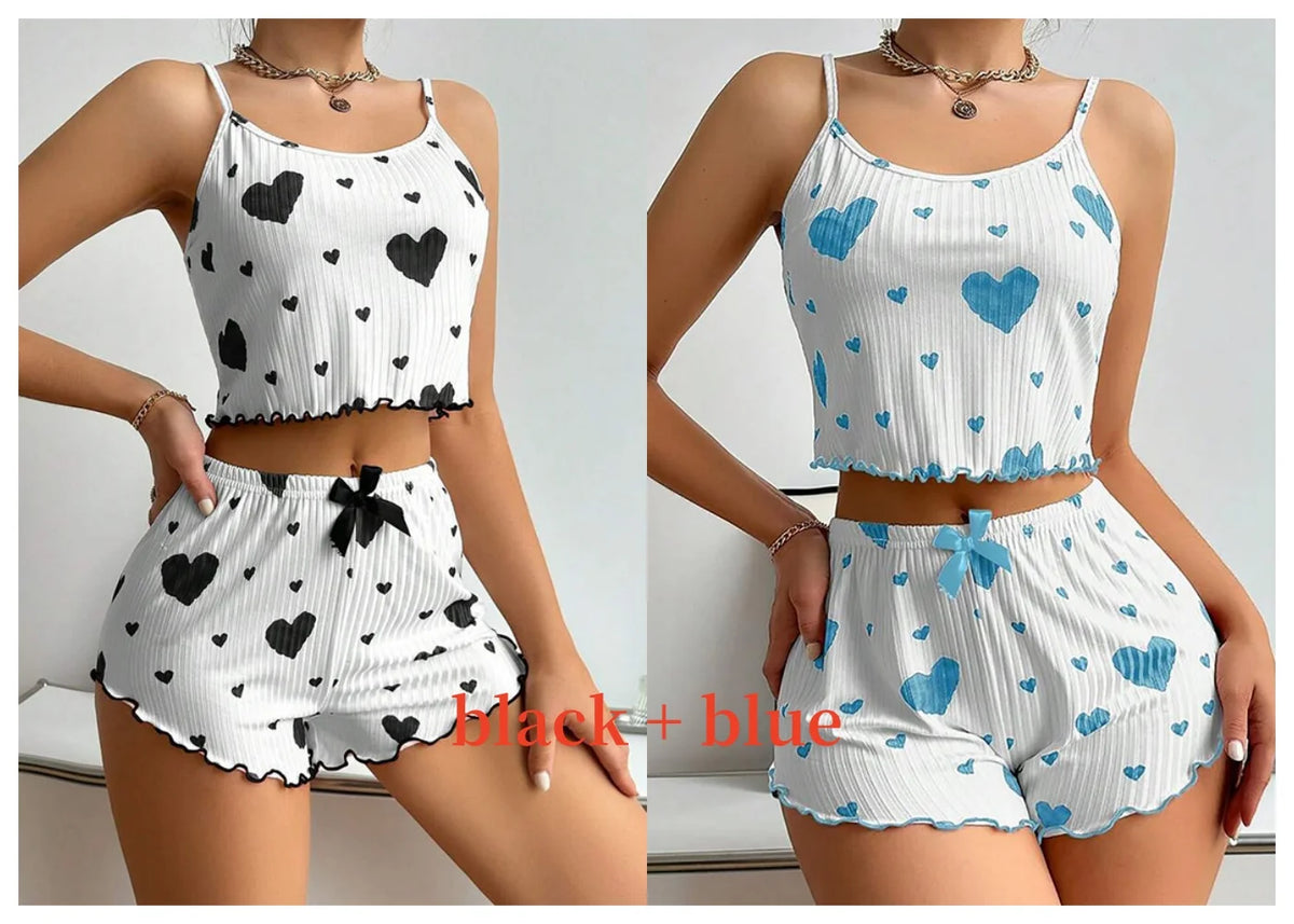 Conjunto de Pijama Feminino 2 Peças Regata Curta e Shorts P M G Branco Respirável Macio Casual Estampa de Coração