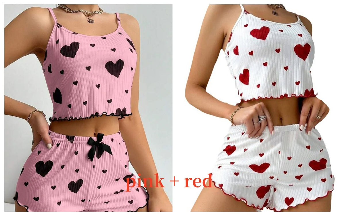 Conjunto de Pijama Feminino 2 Peças Regata Curta e Shorts P M G Branco Respirável Macio Casual Estampa de Coração
