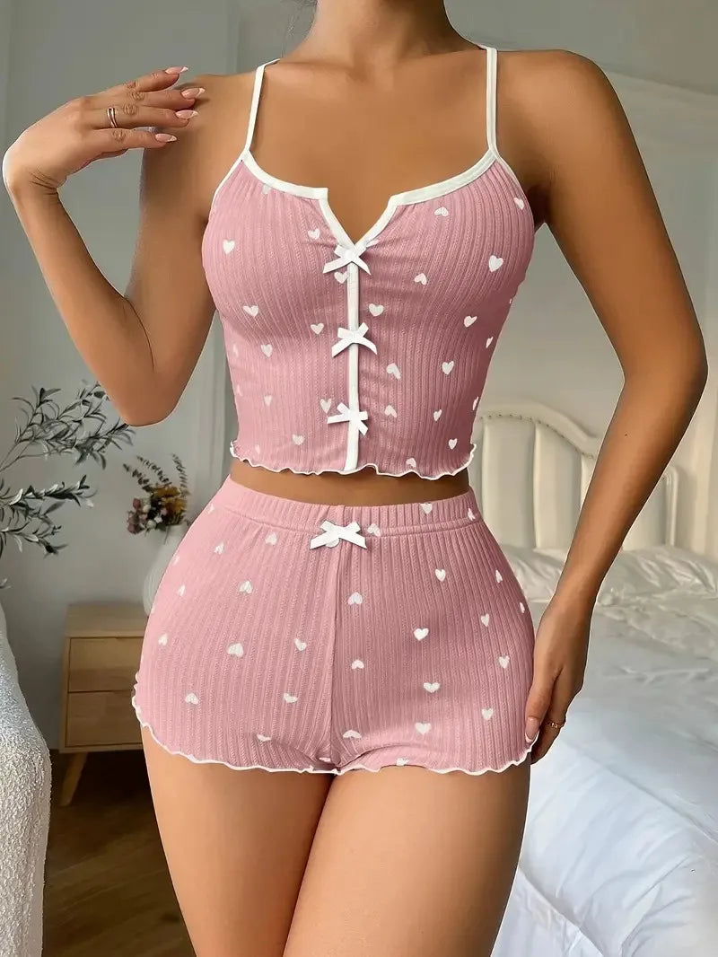 Conjunto de Pijama Feminino com Estampa de Coração Sexy, Roupa de Dormir de Cetim de Seda, Regata com Decote em V sem Mangas e Shorts, Conjunto Casual para Ficar em Casa