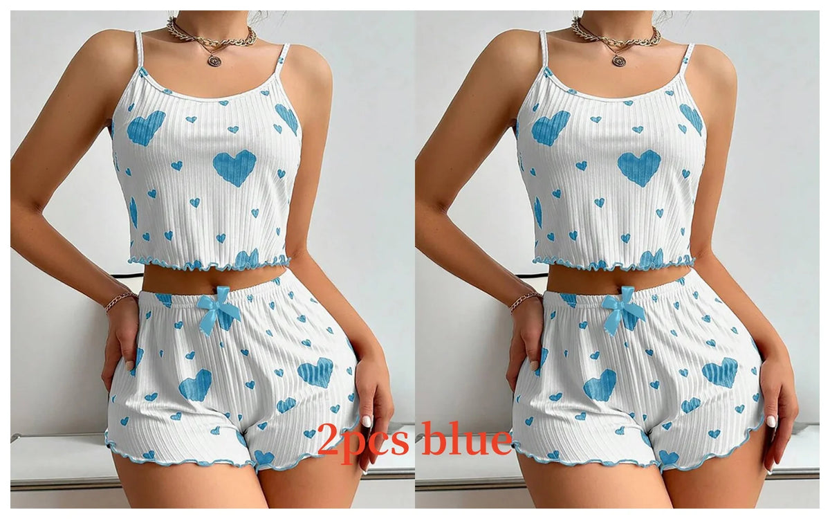 Conjunto de Pijama Feminino 2 Peças Regata Curta e Shorts P M G Branco Respirável Macio Casual Estampa de Coração