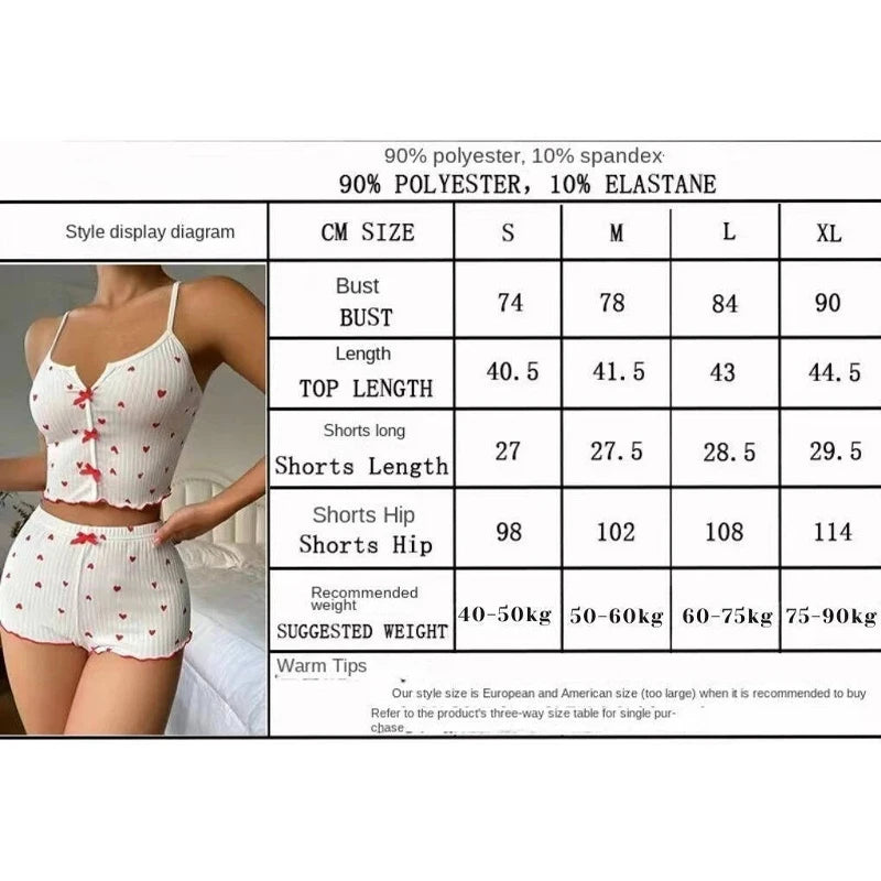 Conjunto de Pijama Feminino com Estampa de Coração em  Tecido Canelado Macio com Babados Delicados, Regata Casual e Short, Moda Casual Feminina Novo