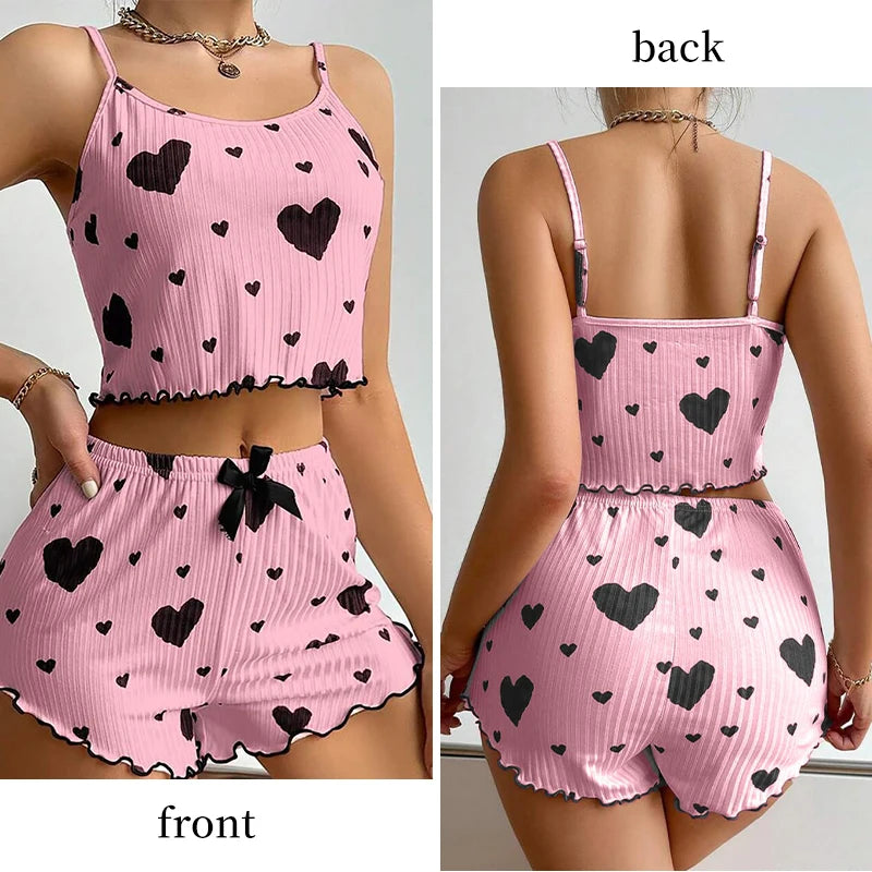 Conjunto de Pijama Feminino 2 Peças Regata Curta e Shorts P M G Branco Respirável Macio Casual Estampa de Coração