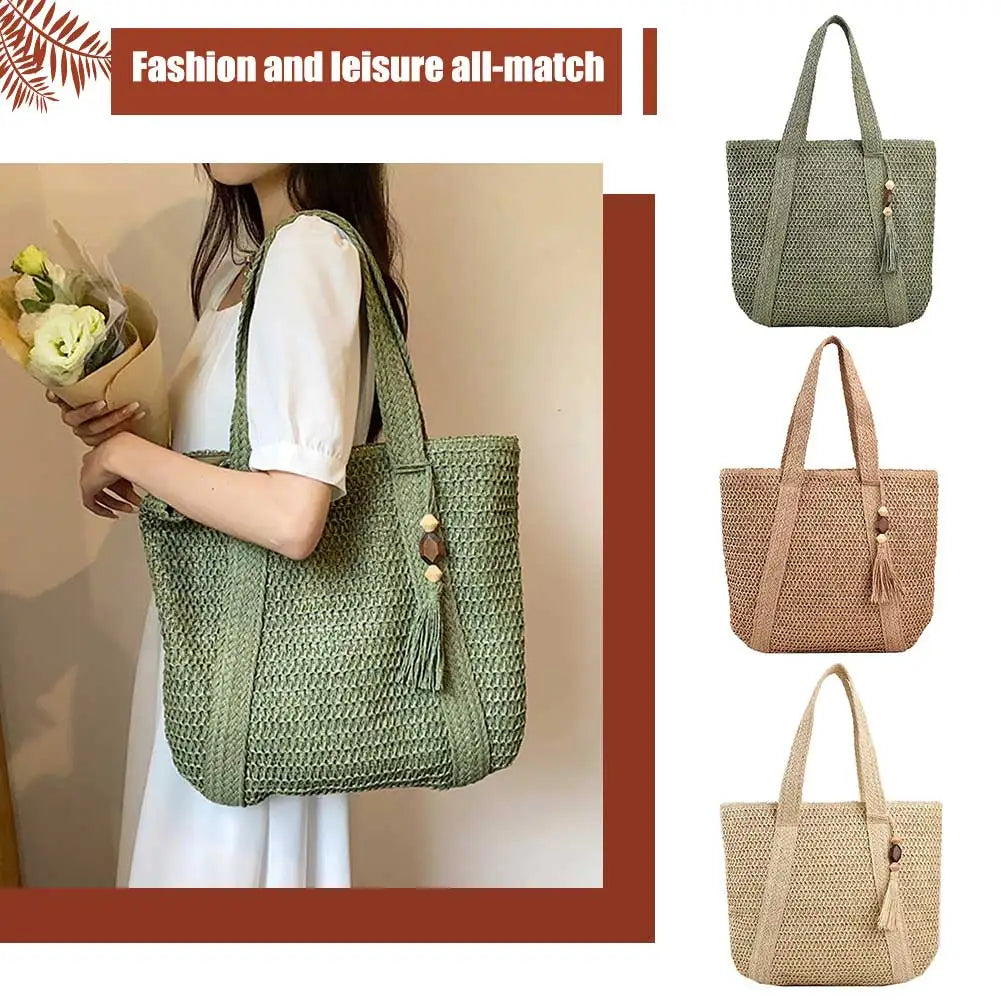 Bolsa de Palha Feminina de Verão – Bolsa de Ombro Grande Estilo Boho e Praia em Ráfia Trançada à Mão com Tassel