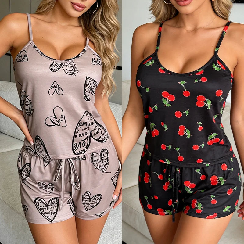 Conjunto de Pijama Feminino Estampado Floral com Alças Finas e Decote em V – Short, Respirável, Casual e Confortável para Casa (Verão)