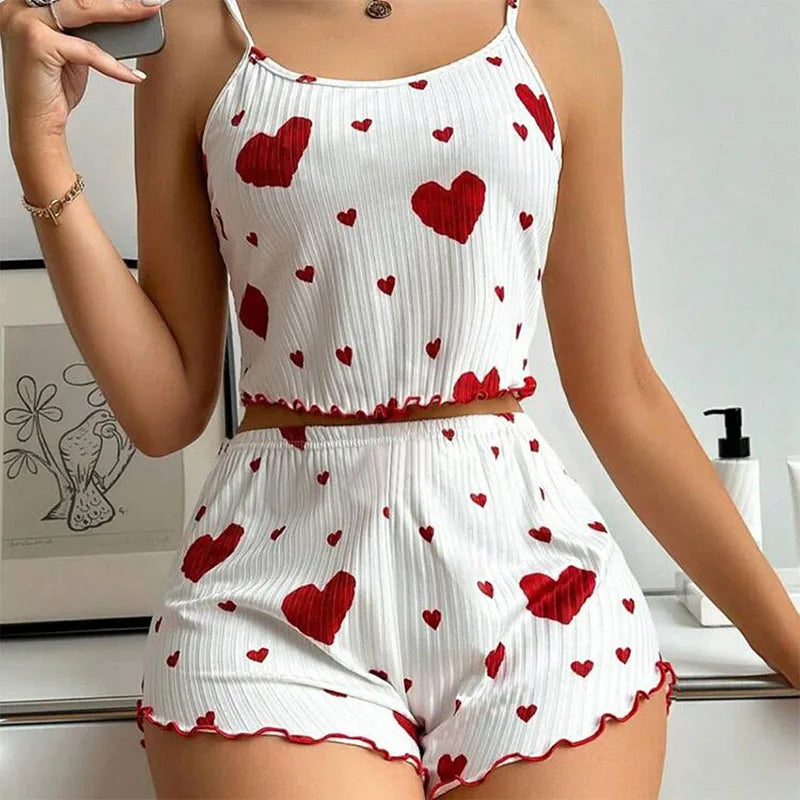 Conjunto de Pijama Feminino 2 Peças Regata Curta e Shorts P M G Branco Respirável Macio Casual Estampa de Coração