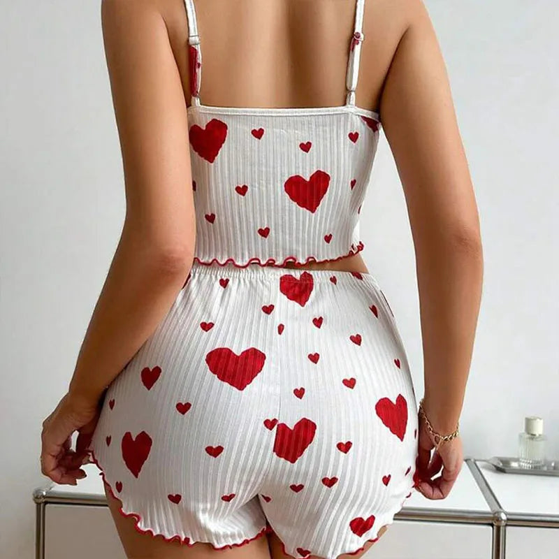 Conjunto de Pijama Feminino 2 Peças Regata Curta e Shorts P M G Branco Respirável Macio Casual Estampa de Coração