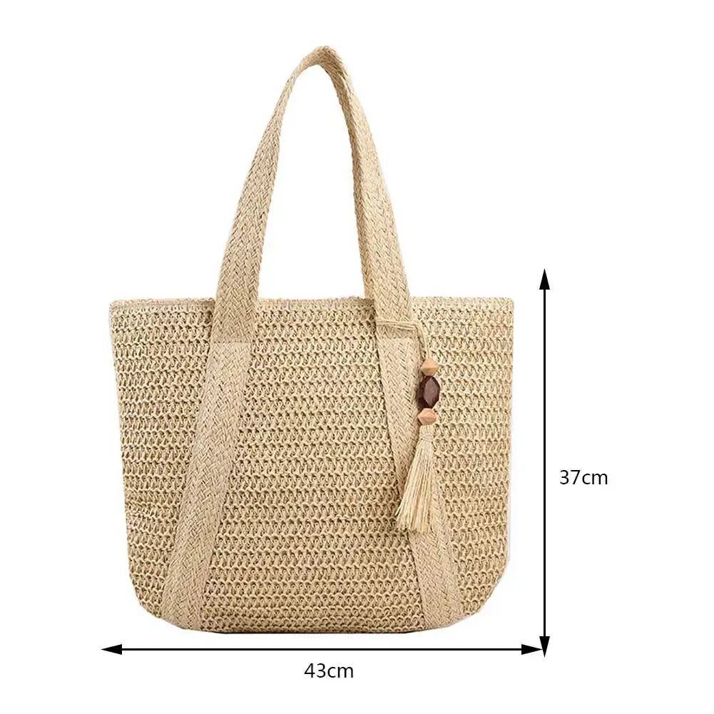 Bolsa de Palha Feminina de Verão – Bolsa de Ombro Grande Estilo Boho e Praia em Ráfia Trançada à Mão com Tassel