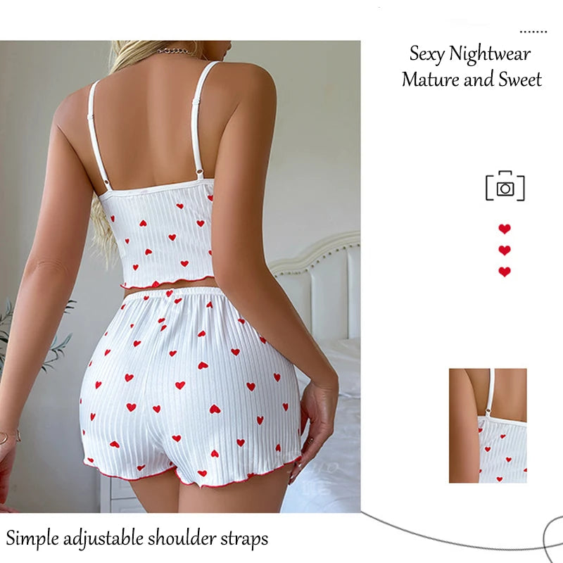 Conjunto de Pijama Feminino com Estampa de Coração em  Tecido Canelado Macio com Babados Delicados, Regata Casual e Short, Moda Casual Feminina Novo