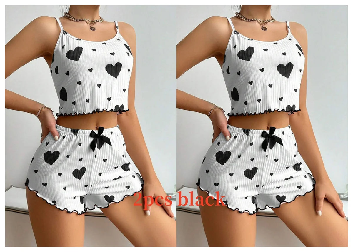 Conjunto de Pijama Feminino 2 Peças Regata Curta e Shorts P M G Branco Respirável Macio Casual Estampa de Coração