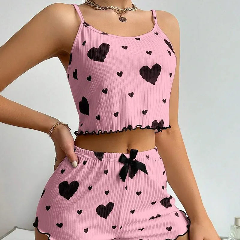 Conjunto de Pijama Feminino 2 Peças Regata Curta e Shorts P M G Branco Respirável Macio Casual Estampa de Coração