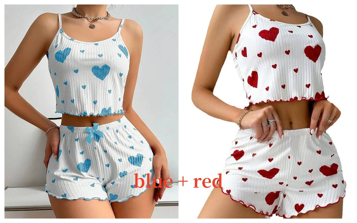 Conjunto de Pijama Feminino 2 Peças Regata Curta e Shorts P M G Branco Respirável Macio Casual Estampa de Coração